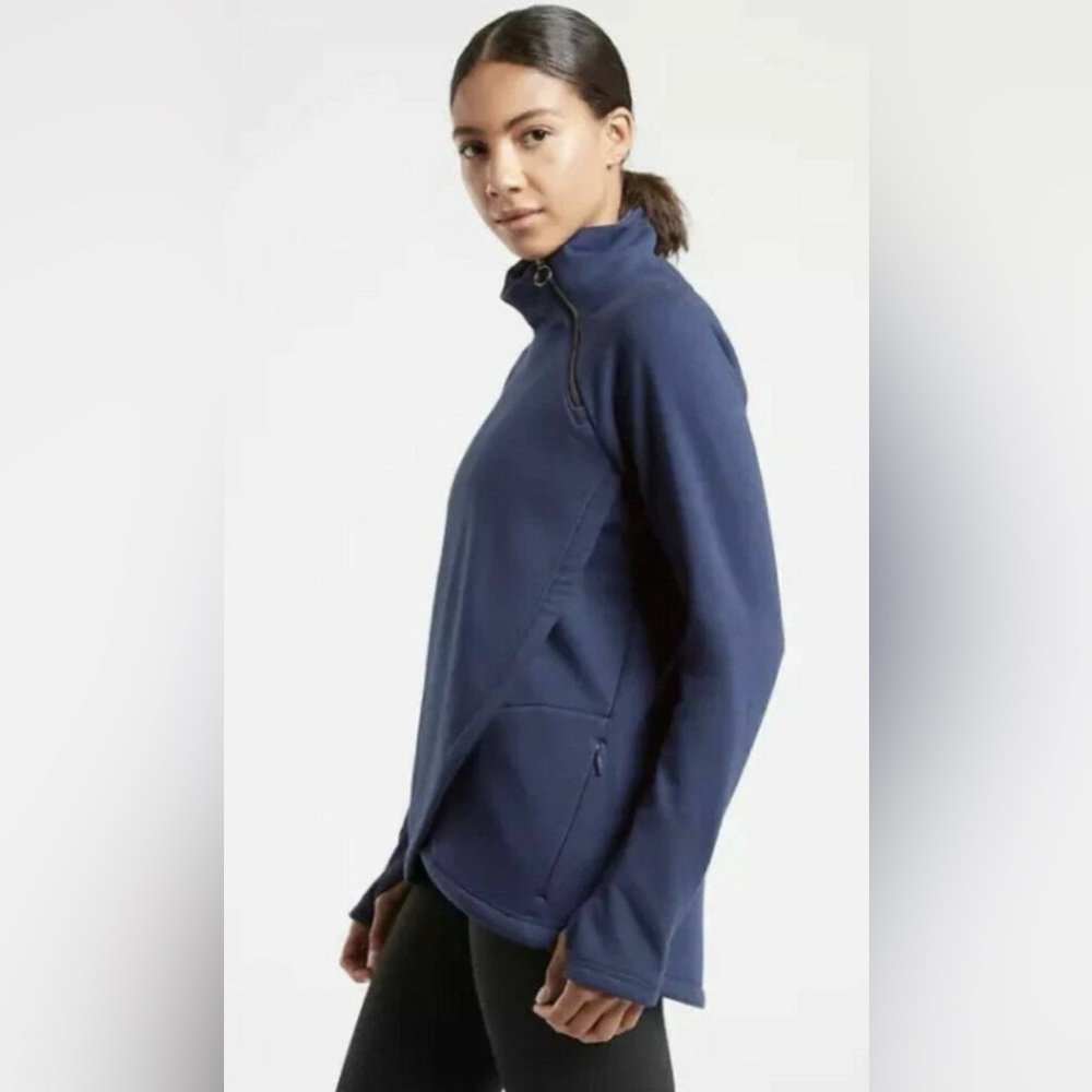 Athleta Cozy Karma Asymmetrical Pullover Sweatshirt, Navy Blue, Athleisure, XS
